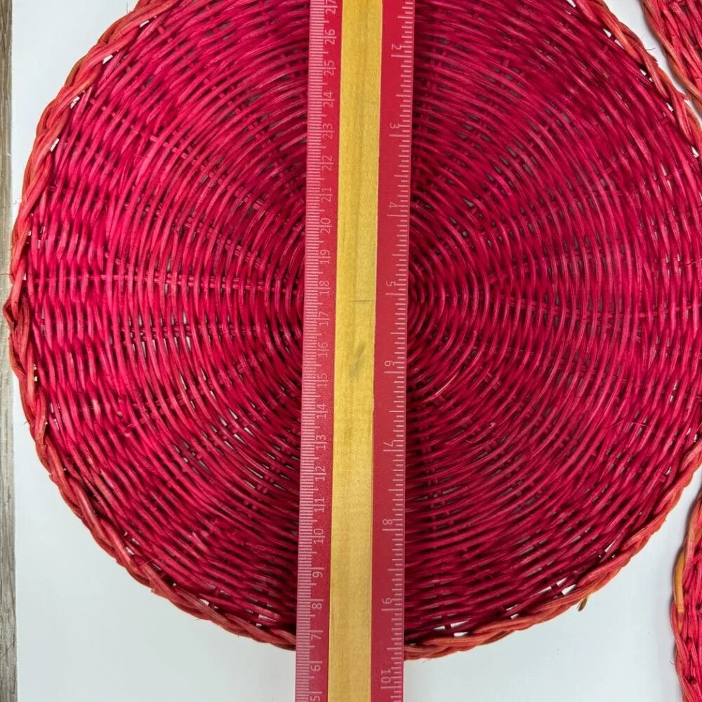 4 Vintage Red / Pink Wicker Rattan Woven Natural Plate Basket Boho Wall Decor